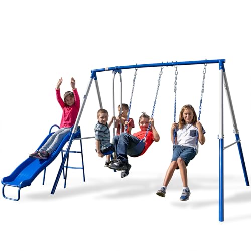 Sportspower Albany Metal Swing Set for Kids Ages 3-8 with 2 Swings, Glider, 5ft Slide Heavy-Duty Outdoor Playset with 500lbs Capacity & 6ft Steel Frame