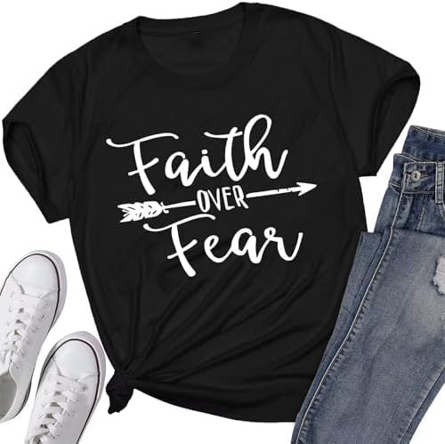 Faith Over Fear T-Shirt Christian Shirt Letter Graphic Tee God Merch Religious Church Bible Verse Top for Women Girls