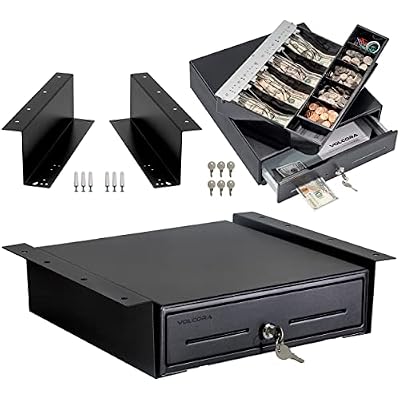 Volcora Cash Register Drawer with Under Counter Mounting Metal Bracket, 13 Black Cash Drawer for POS, 4 Bill 5 Coin Cash Tray, Fully Removable 2Tier Compartment 12-24V RJ11RJ12 Key-Lock