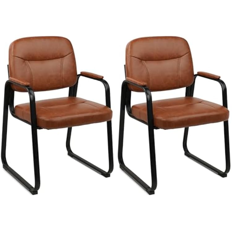 CLATINA Waiting Reception Chairs No Wheel, Leather Guest Chair with Padded Arms, Modern Brown Office Desk Chairs with Sled Base for Office Meeting Conference Room Lobby Home Living Room 2 Pack