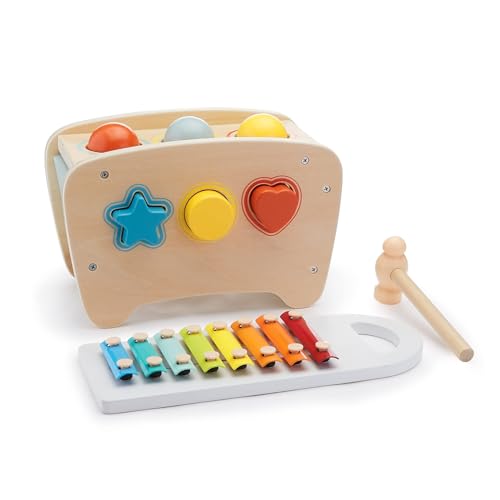 Amazon Basics Musical Pounding Bench With Xylophone and Shape Sorter Educational Toy for Toddlers, Developmental Learning Toy, Age 18M, Boy Girl Baby, 11.6 x 5.2 x 6.3 inches, Multicolor