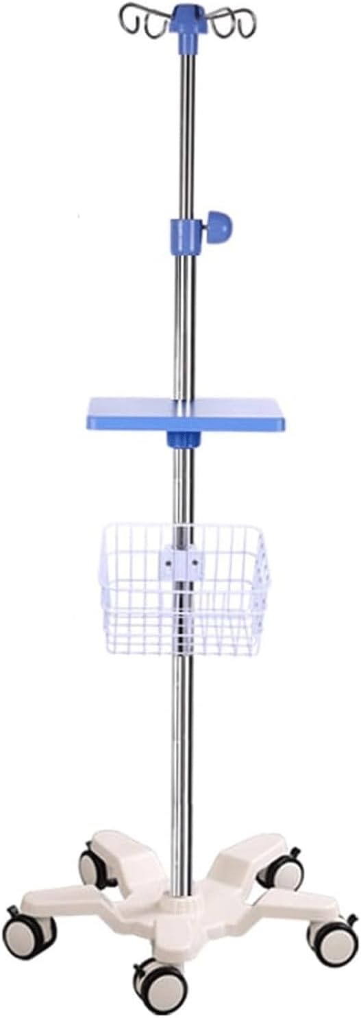 EYPKPL Rolling IV Pole with Basket and Cast Iron Base IV Stand Pole with Wheels and Tray,4 Hooks IV Drip Stand for Hospital Home Travel iv Pole