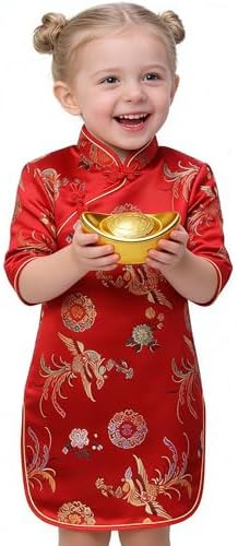 Girls Dress Chinese Dragon Phoenix Qipao Half Sleeve Cheongsam Dress Princess Birthday Party Costume
