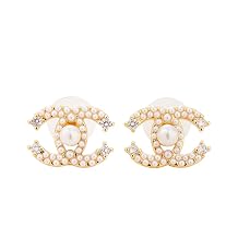 Elegant pearl silver needle stud earrings, letter design, womens fashion jewelry, classic style accessories