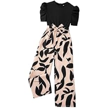 WDIRARA Girls's Casual Graphic Puff Sleeve Bow Belted Wide Leg Jumpsuit