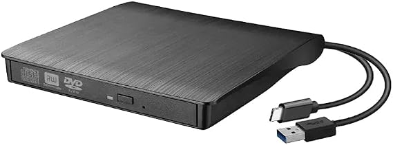 Coverzone External USB 3.0 DVD-ROM DVD-RW Optical Drive, USB and Type C Wired, PC, Tablet, DVD Player, Striped Metal Design Ultra Slim CD ROM Reader FT84-X