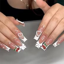 3D Cherry Bow Pearl Fake Nails White French Tip Press on Nails Extra Long Square False Nail with Design Glossy Full Cover Artificial Reusable Stick on Nail for Women Nail Art
