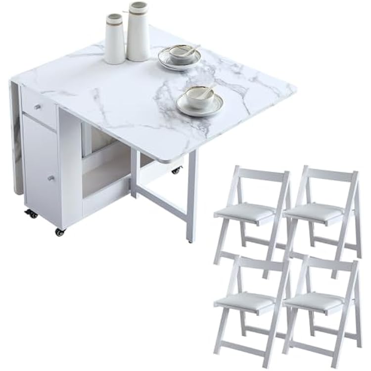 FUNROLUX Drop Leaf Folding Dining Table with 4 Chairs Set for 4, Expandable Wooden Space Saving Foldable Dining Table with Storage, 4 Wheels, 2 Drawers for Kitchen, Dining Room, Apartment, White