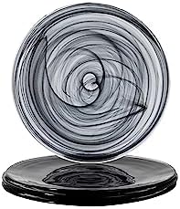 Vikko Lunch Plates, Set of 4 Black Alabaster Plates, 8.5" Plate with Marbelized, Swirl Design, Elegant Glass Entree Plate, Dishwasher Safe