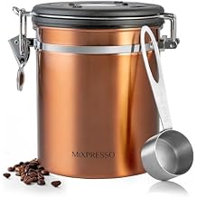 Mixpresso Copper 16 Oz Stainless Steel Coffee Canister with Scoop Airtight Coffee Container with CO2 Valve for Bean Storage, Date Tracker Lid