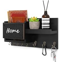 Decorative Key Hanging Rack with 8 Hooks Easy Install Natural Wooden Key and Mail Holder for Wall Mount Sunglasses Wallet Holder Entryway Decor with Shelf and Chalkboard (Coal Black)