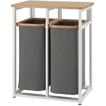 TRINITY EcoStorage Bamboo Wood Laundry Organizer Station with Folding Shelf and 2 Pull-Out Removeable Hamper Bags, White