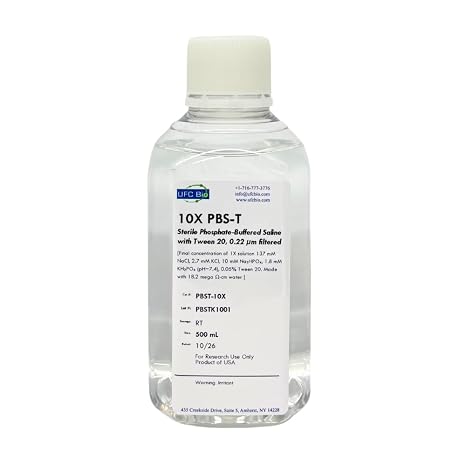 10X PBS-T (Phosphate Buffered Saline with Tween-20), pH 7.4 - Sterile, 0.22um Filtered - 500 mL