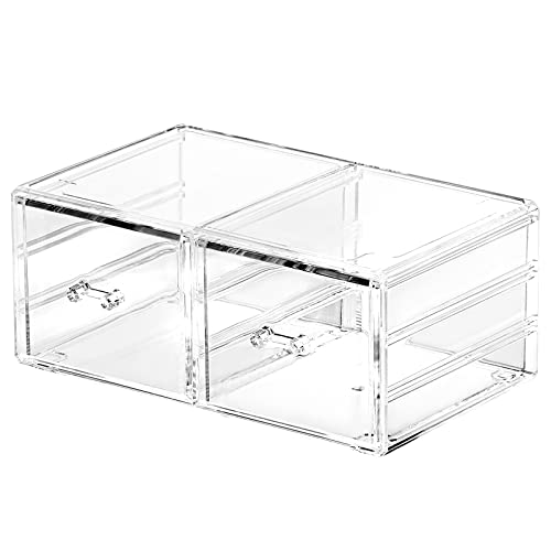 Cq acrylic Clear Stacking Make Up Organizers and Storage With 2 Drawers,4.7 Tall Acrylic Medicine Cabinet Organizer,Plastic Desktop Drawers Organizer for Vanity, Undersink, Kitchen Cabinets,Bathroom