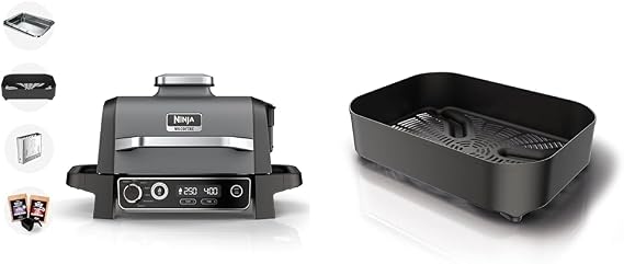 Ninja Woodfire Electric BBQ Grill & Smoker, 7-in-1 Outdoor Barbecue Grill & Air Fryer, Grey/Black, OG701UK & Woodfire Combo Crisper Basket, Official Accessory, Black XSKCRISPBTEUK