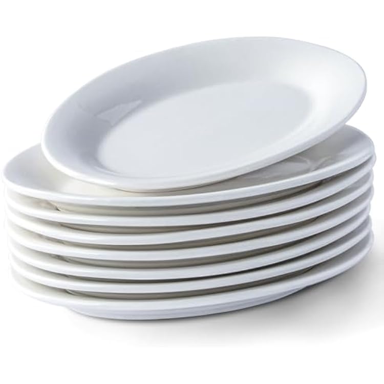 8 Inch Ceramic Appetizer Plates Oval, Porcelain Dessert Plates, Small Salad Plates Set, Small White Serving Plates for Salad, Appetizer, Snack, Sushi, Microwave, Dishwasher Safe, Set of 8
