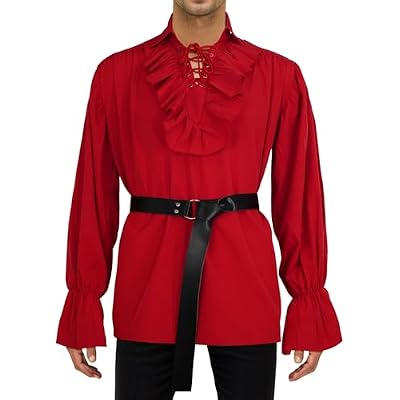 AUBIG Mens Pirate Vampire Shirt Wide Cuff Renaissance Victorian Medieval Gothic Shirt Halloween Costume Without Belt