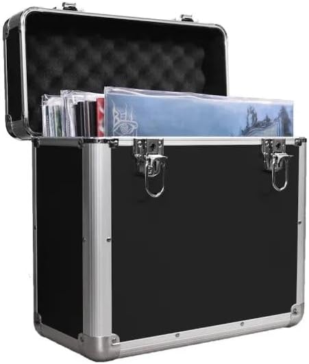 Black Vinyl LP Storage Box, 12 Inch Record Case, Vinyl Record Storage | Heavy Duty Lockable Aluminium Box, Large Capacity Holds upto 50 - DJ Metal Case for Collectors Storing, Protecting and Travel