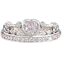 Princess Queen Crown Ring 925 Sterling Silver Shiny Eternity Heart-Shaped Cubic Zirconia Crystal Diamond Promise Ring Zircon Jewelry for Women Girl (Size 10)