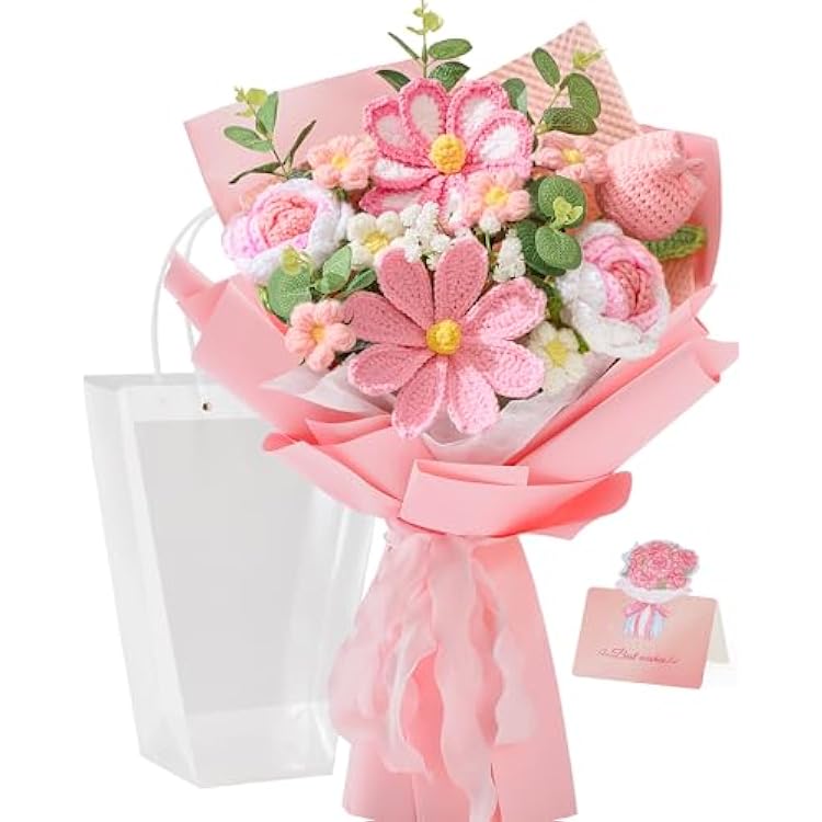 Alecono Crochet Flower Bouquet, Pink Handmade Knitted Flowers, Crochet Tulips Galsang Flower for Mothers Day Anniversary Birthday Graduation Lover Valentines Day Gifts with Card