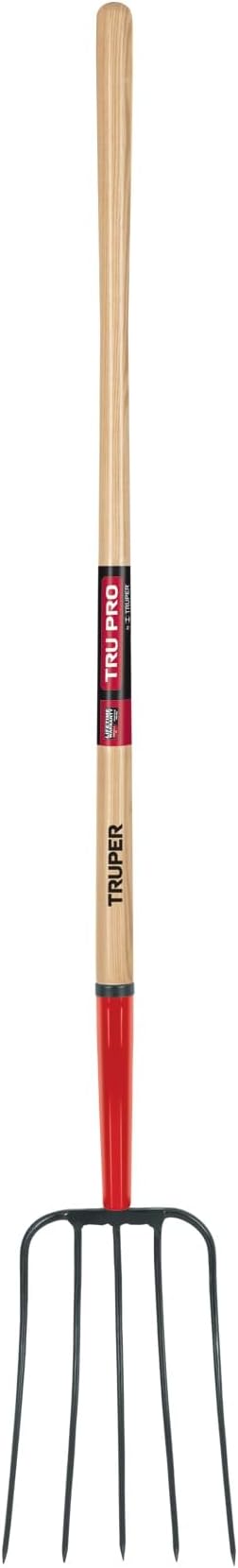 Truper Tru Pro 5-Tine Manure Fork, 54-Inch Premium White Ash Wood Handle, Forged Steel Head, Heavy-Duty Agricultural & Farm Tool (Model BPJ-5E / 30314)