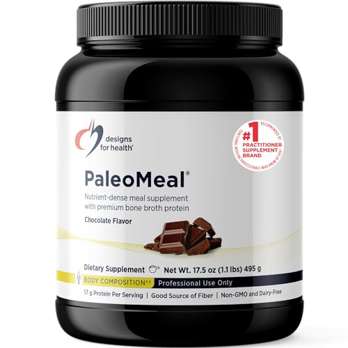 Designs for Health Pure PaleoMeal - Bone Broth Protein Powder with 17g Protein, Meal Replacement Shake Dietary Supplement with Active Folate  Chelated Minerals, Chocolate 15 Servings  510g