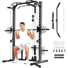 OPPSDECOR Smith Machine Squat Rack with LAT-Pull Down Multifunctional Power Rack with Cable Crossover Machine Power Cage with Barbell Bar Full Body Training Attachments for Home & Garage Gym