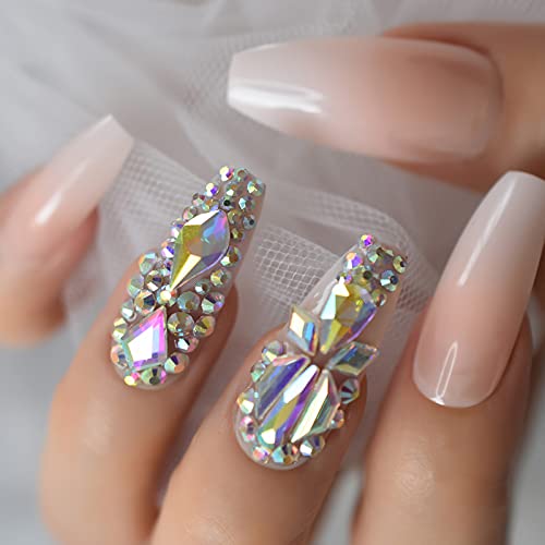 3d Bling Fake Nails Extra Long Press On False Nails With Design Holo Rhinestones Nail Tips Pink Nude Full Cover Ballerina Coffin Artificial Nail Art For Women Girls Bridal Wedding