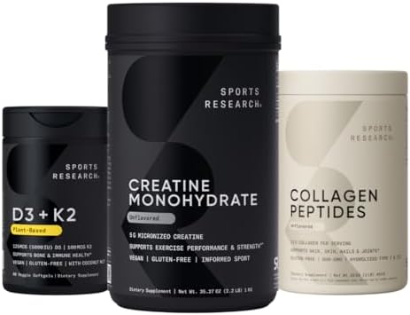 Sports Research Supplements Pack - Creatine Monohydrate + Vegan D3 5000iu with Vitamin K2 100mg + Collagen Peptides for Women & Men