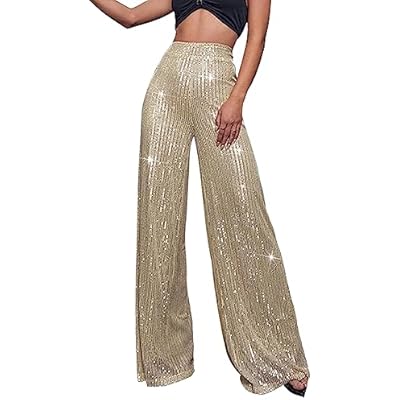 Womens Casual Pants High Waist Sequin Sparky Wide Leg Trousers Fashion Loose Fit Party Disco Evening Dance Dress Pant