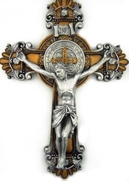 St. Saint Benedict Cross Crucifix Medal 2 Tone Wall 10"