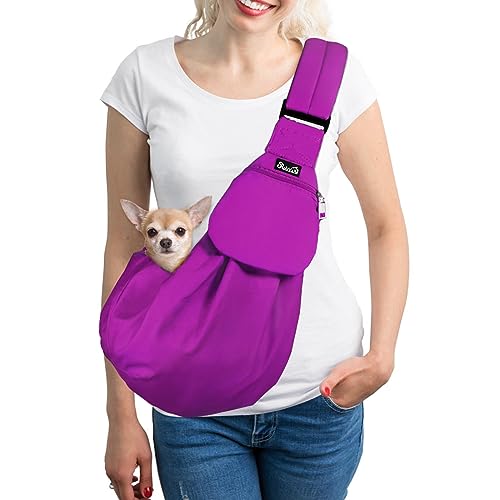 SlowTon Dog Carrier Sling - Thick Padded Shoulder Strap Adjustable Dog Carriers for Small Dogs, Puppy Carrier Purse for Pet Cat with Front Zipper Pocket Safety Belt Machine Washable Purple S