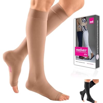mediven Plus for Women & Men, 20-30 mmHg Knee High Compression Socks with Silicone Top Band, Open Toe Leg Circulation, Opaque Leg Support Compression Coverage, VII-Extra Wide, Standard,Beige