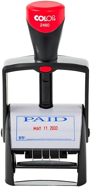 COLOP 2460 Self-Inking Date Stamp, Blue & Red Ink, Paid, 27mm x 58mm | Durable Self Inking Dater Stamp, Office Dater, Adjustable Date Stamp With Two Ink Colors