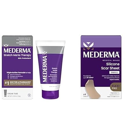Mederma Stretch Marks Therapy 5.29 oz (150g) & Medical Grade Silicone Scar Sheets 4 Count Bundle - For Stretch Marks and Scar Treatment