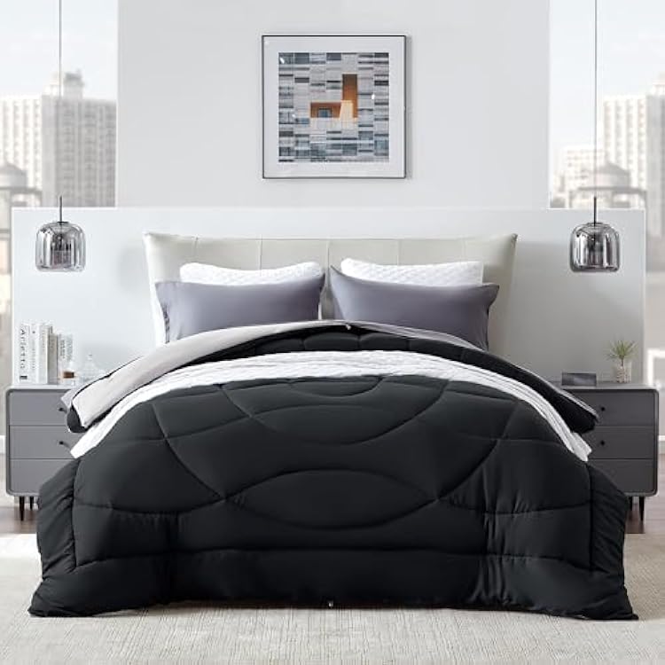 SLEEP ZONE Comforter Duvet Insert, TwinTwin XL Size Quilted Reversible Comforters, Soft All Season Duvet, Down Alternative Breathable Bedding with 8 tabs, 2 Sides Black Gray 88 x 68 Inches