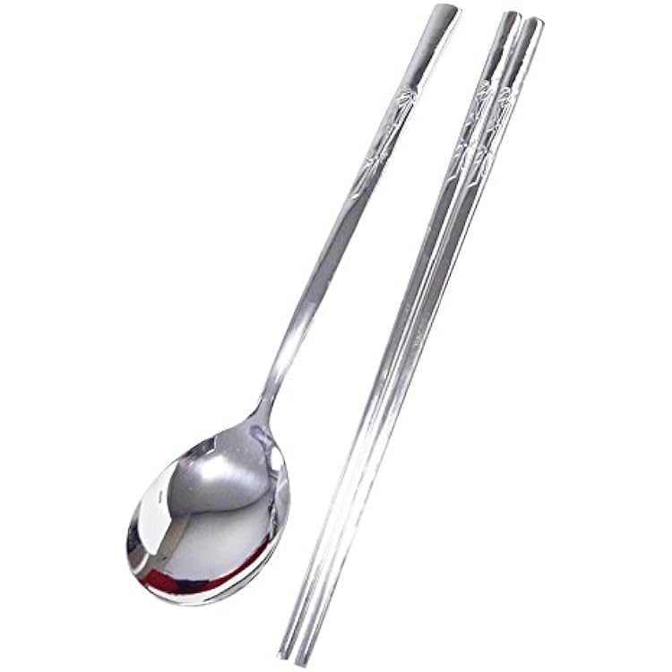 Set of 5 Korean Traditional Style Cutlery Bamboo Carved Stainless Steel Spoons and Chopsticks