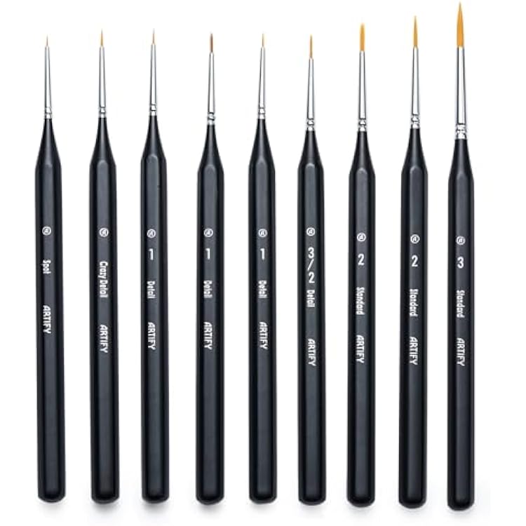 ARTIFY Miniature Detail Paint Brush Set: 9-Piece Round Fine Tip Small Model Paintbrushes, Thin Mini Tiny Micro Paint Brushes for Miniature Art Painting Accessories
