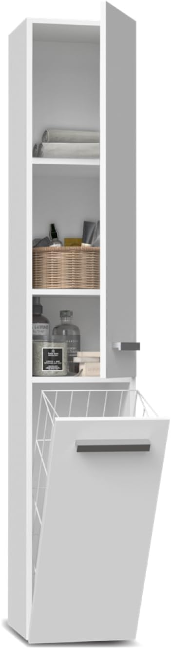 WHATSIZE ENTERPRISE – Nel IV - White Freestanding Cabinet – Wooden Storage Cupboard with Washing Basket - Organise Cosmetics and Toiletries - Furniture to Complement Modern Décor