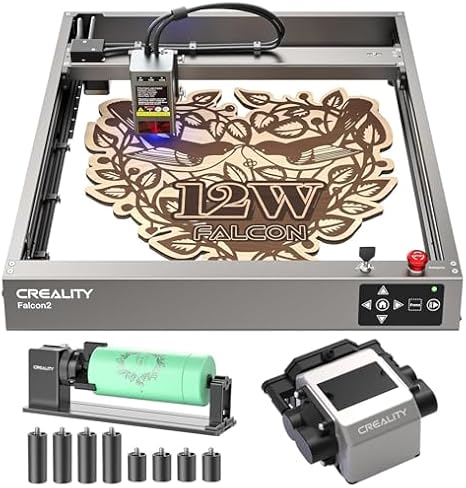 CREALITY FALCON2 12W Laser Engraver Machine with Air Assist and Rotary Roller, 120W High Accuracy Laser Engraver and Cutter Machine for DIY and Cylindrical Objects, 25000mm/min Faster Engraving