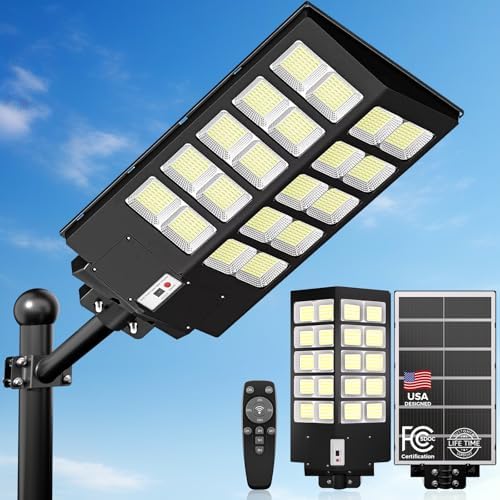 Solar Street Lights Outdoor, 6500K Solar Lights Outdoor Waterproof Dusk to Dawn, Security Flood Light with Motion Sensor and Remote for Yard, Garage, Driveway (2000W-(2 Pack))