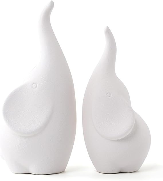 A Pair White Elephant Figurine Home Decor, Modern Style Ceramic Elephant Statues for Accents Living Room Office Table Bookshelf Desk Bedroom Decoration
