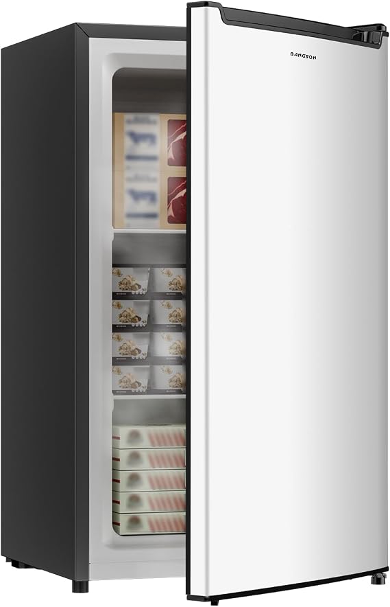 BANGSON 2.1 Cu.ft Upright Mini Freezer for Dorm Office Silver | Compact Freezer with Reversible Door, Adjustable Thermostat, Removable Shelves, Small