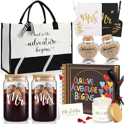 12 Pcs Wedding Honeymoon Gifts for Couple Mr Mrs Bridal Shower Engagement Gifts with Glass Adventure Book Scrapbook Passport Holder Baggage Tags Jar Tote Bag