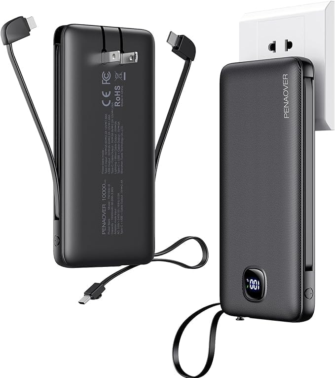 Portable Charger with Built-in Cables&AC Wall Plug,Slim 10000mAh 22.5W Fast Charging Power Bank,5 Output 2 Input USB-C External Battery Pack Compatible with iPhones,Samsung,Android, etc