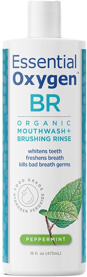Essential Oxygen Certified BR Organic Brushing Rinse, All Natural Mouthwash for Whiter Teeth, Fresher Breath, and Happier Gums, Alcohol-Free Oral Care, Peppermint, 16 Ounce, Package may vary