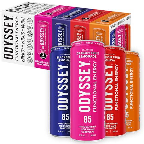 Odyssey Functional Energy Drink for Focus, Cognition & Mood Support 12 Pack - Adaptogenic Drink with 85mg Green Tea Caffeine, Lions Mane, Cordyceps, L-Theanine & Ginseng, Variety Pack