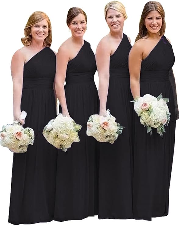 Chiffon One Shoulder Bridesmaid Dresses for Women A Line Plus Size Wedding Bridesmaid Dresses Black Size 14