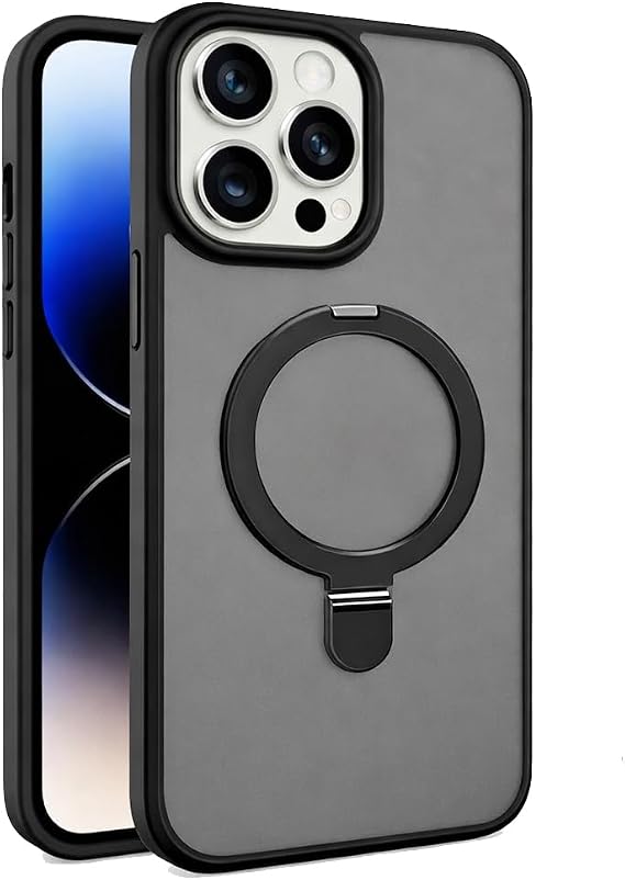 Coverzone iPhone 16 Plus ile Uyumlu Mat Transparan PhaqntomRing MagSafe Destekli Standlı Kılıf, Kamera Lens Hediyeli Darbe Emici Şık Tasarım Black