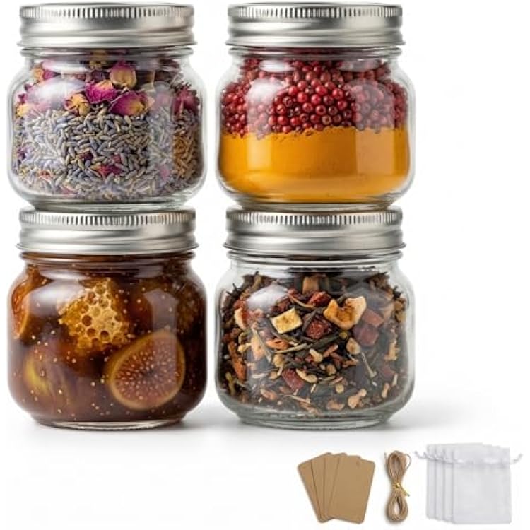 8 oz Mason Jars with Airtight Silver Lids - 4 Pack Small Glass Jars - Thickened Wide Mouth Canning Jars for Spell Jars, Candle Making, Premium Spices & Bathroom Vanity Decor